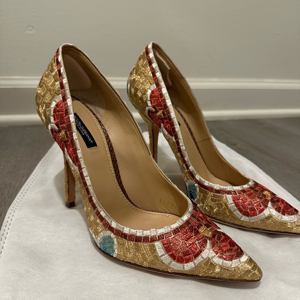 Dolce & Gabbana Gold and Red Floral Embroidered Heels